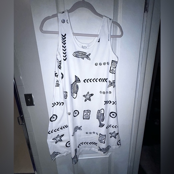 BABA Hawaii USA Women's Tank Dress Fish & Geometric Beach Sundress White Black S - Picture 3 of 8